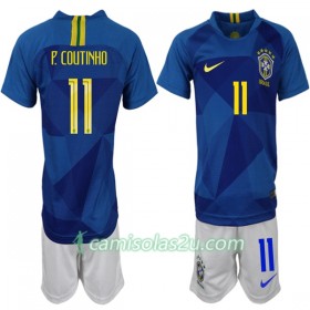 Camisolas de Futebol Brasil P. Coutinho 11 Criança Equipamento Alternativa Copa do Mundo 2018 Manga Curta